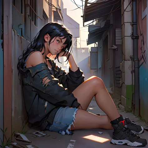 A little girl sits on the floor in a dirty alley, looking her eyes up, Close-up view, Front angle, young girl (Black hair, Ten years old, tattered clothes), sit by the wall, ruined city, Destroyed buildings, high-resolution, Best Quality, Detailed face, ci...