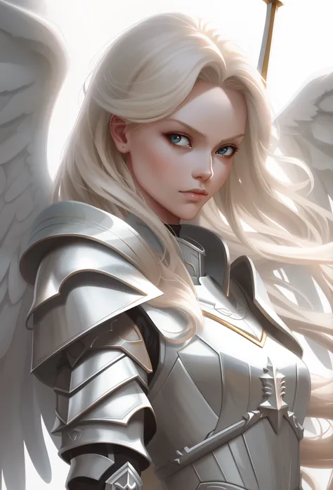 blond angel with sword and armor standing in front of a white background, menina do cavaleiro do anjo, artgerm. high detail, art...