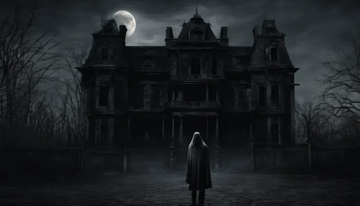 Describe the four teenagers standing in front of the old, rusty gates of the abandoned Miller Mansion on Halloween night. Paint a picture of the moon casting eerie shadows. Set the tone for a thrilling adventure. Highly detailed realistic