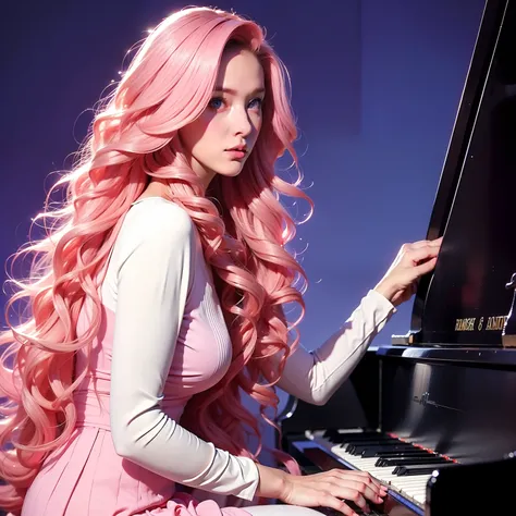 Woman, long curly hair, pink hair, blue eyes, playing the piano, voluminous hair, medieval background,