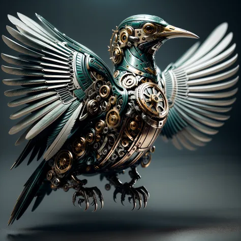 (Best quality, Ultra-detailed, Realistic:1.37), Steampunk Mechanical Eagle, Steampunk eagle,bronze colors, Pipes and tubes, Gears and metals, Rising steam, Metal wings and claws, Metal heads and pecks, Metal feathers,Fine metal feathers, Intricate mechanis...