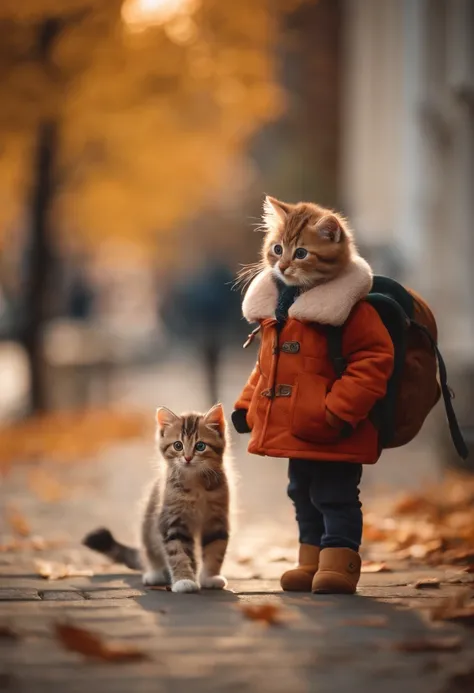 season for autumn、I have two little kittens, a cute little cat, cute kittens, Cutest, Incredibly cute, Adorable and cute, And cute and lovely. They are walking down the street with backpacks, Walking together, commute, Proudly walk down the street, And the...