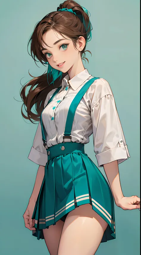 1womanl,12year old,Brown hair,Beautiful ponytail hairstyle, (Teal High Waist Skirt:1.3),, (whiteshirt:1.3), (double-breasted,Underbust:1.2), Short sleeves, buttonGap,A smile,small tits,suspenders,