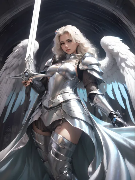 mulher loira na armadura segurando uma espada e uma espada, menina do cavaleiro do anjo, angel in plastic armor, artgerm em arts...