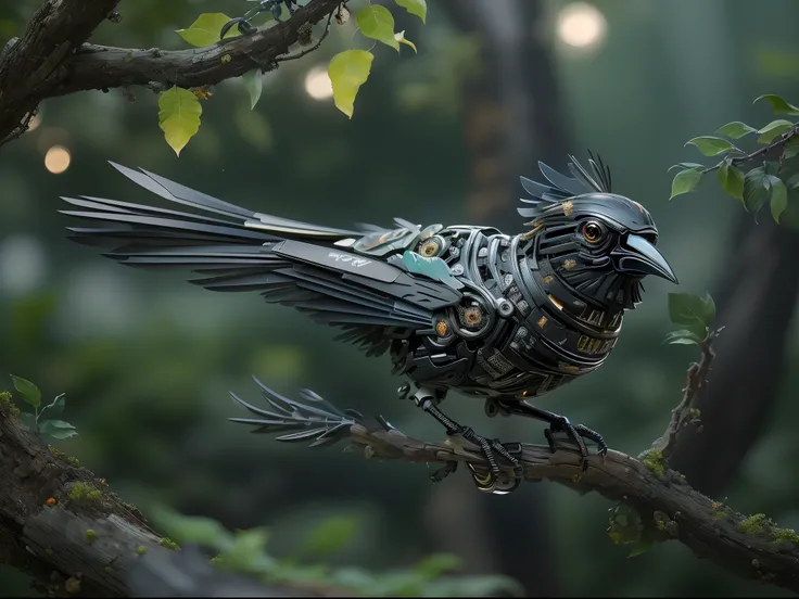 (Best quality,4K,8K,A high resolution,Masterpiece:1.2)。(There is a mechanical crow on the branch:1.37)，Glowing eyes，sharp beak,。beautifully soft lit, Edge light,