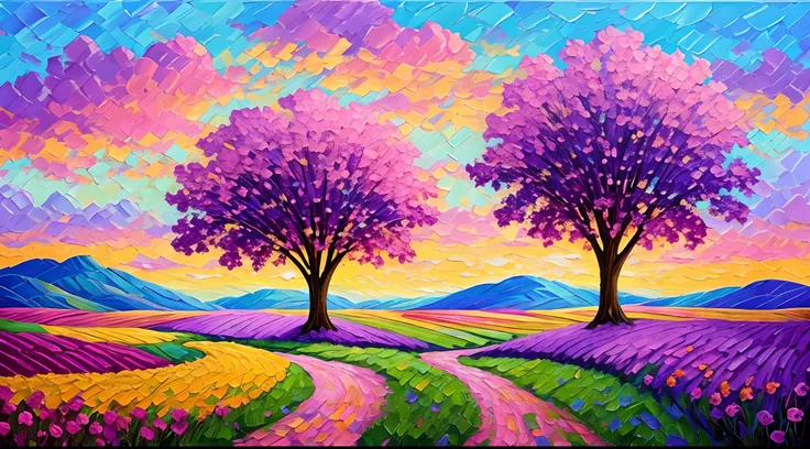 paintings of purple trees and a couple in a field, beautiful art uhd 4 k, bright landscape, mythical floral hills, scenery artwo...