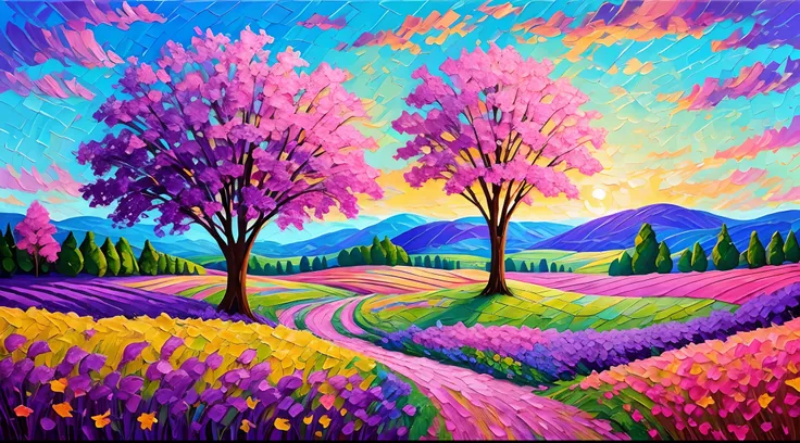 paintings of purple trees and a couple in a field, beautiful art uhd 4 k, bright landscape, mythical floral hills, scenery artwo...