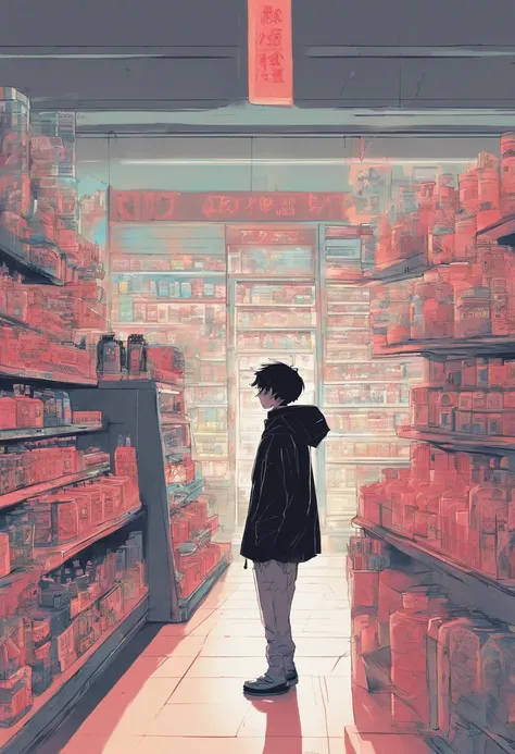 “Boy facing right in the style of 90’s vintage anime,black coat, surrealism, akira style, detailed line art, fine details, inside a 7/11 convenience store, drink aisle, neon, white background,”