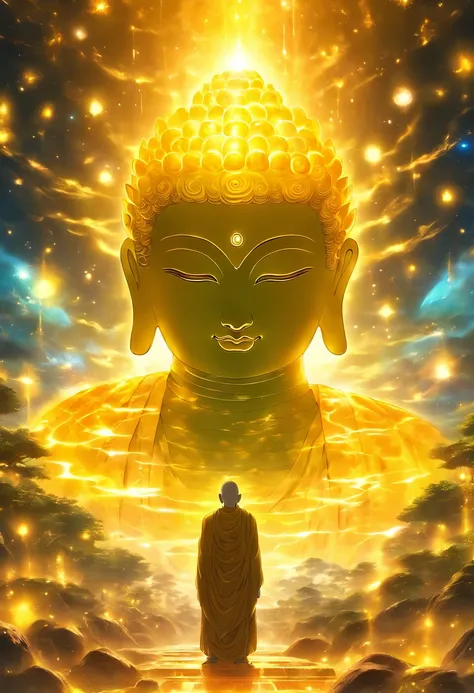 Giant transparent Buddha head looking at yellow planet in cosmic soil，glow effect，OC rendering