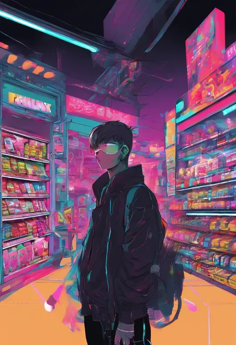 “Boy facing right in the style of 90’s vintage anime,black coat, surrealism, akira style, detailed line art, fine details, inside a 7/11 convenience store, drink aisle, neon, white background,”