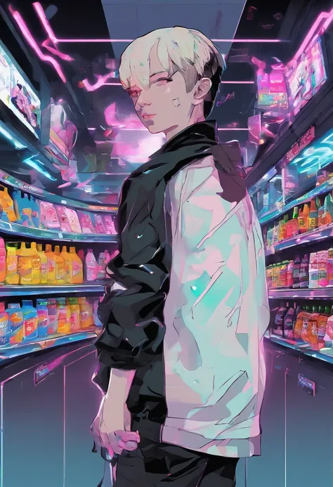 “Boy facing right in the style of 90’s vintage anime,black coat, surrealism, akira style, detailed line art, fine details, inside a 7/11 convenience store, drink aisle, neon, white background,”