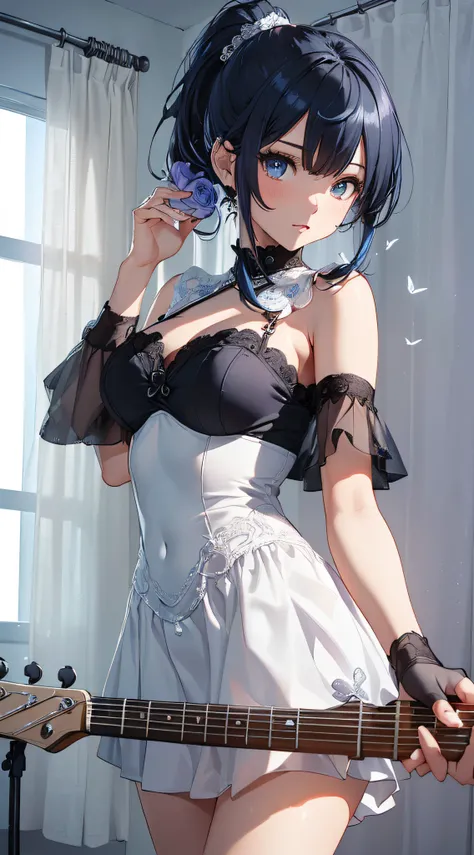 top-quality、Top image quality、​masterpiece、girl with((cute little、18year old、Best Bust、Medium bust、Bust 85,Beautiful blue eyes、Breasts wide open,Ponytail with black hair、A slender、Blue hair mesh、Beautiful white dress、White short skirt、guitar play)）hiqualit...