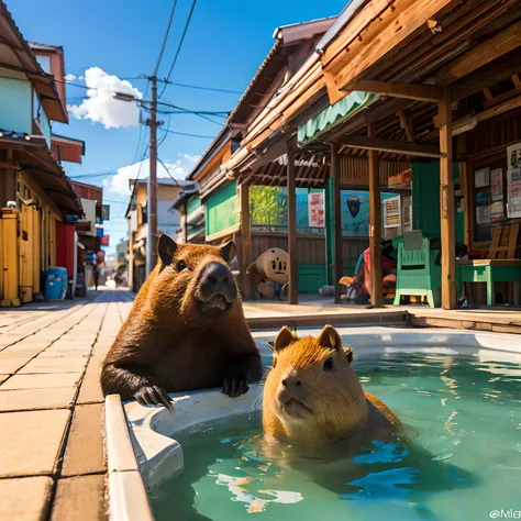 Write a capybara drinking beer while soaking in a hot spring。5 figures lined up with an anime touch。Background is a mug of beer in the downtown area of Japan Let these two capybaras hold beer mugs