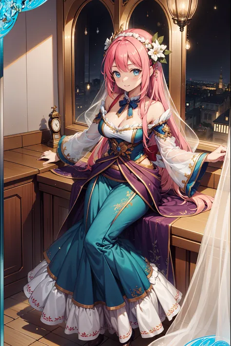 (Best quality, A high resolution, Textured skin, High quality, High details,Extremely detailed CG unity),(Light Victorian dress)，teens girl，Enchanted，Divine happiness，In love，Pink hair，eBlue eyes，Maximalism，Fabric headdress，Delicate ruffles，detailed lace，M...