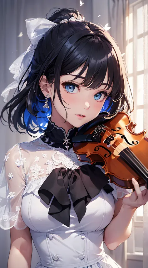 top-quality、Top image quality、​masterpiece、girl with((cute little、18year old、Best Bust、Medium bust、Bust 85,Beautiful blue eyes、Breasts wide open,Ponytail with black hair、A slender、Blue hair mesh、Beautiful white dress、White short skirt、Playing the violin)）h...