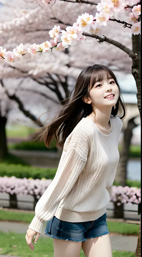 (slender small breasts and long hair,,,,,,,、Close up low angle shot of one girl with dull bangs in spring colorful sweater and shirt :1.5)、(Low angle shot of a girl dancing happily、the hair flutters with the wind :1.5)、(Rows of cherry blossom trees in full...