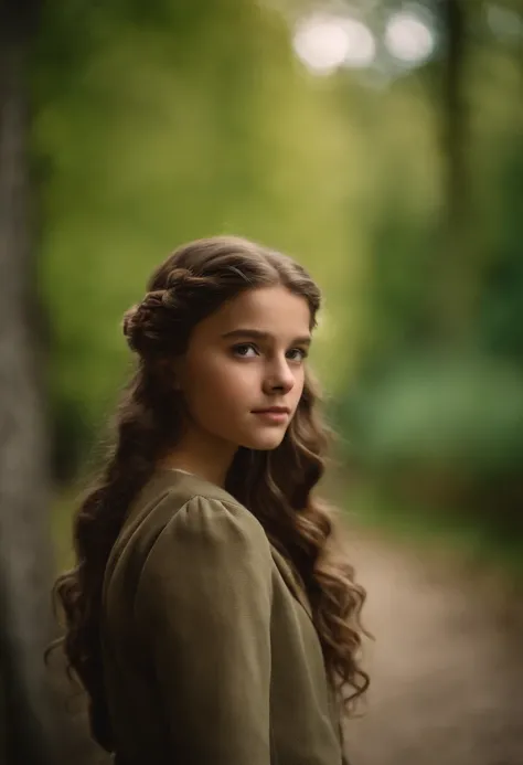 Fille de 14 ans aux cheveux bruns , Well curled and long, il a les yeux vert feuille et porte une queue de cheval comme coiffure. In the background, il y a un lac