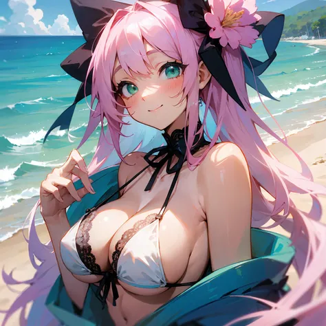 女の子1人、a beauty girl、Colossal tits、White-pink hair、Green eyes、Back ribbon lace up bikini、A smile、sea the background of、Beach、blue-sky、