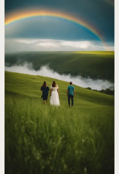 Cachoeira grande, blue skies, Three people in white, Green field and rainbow