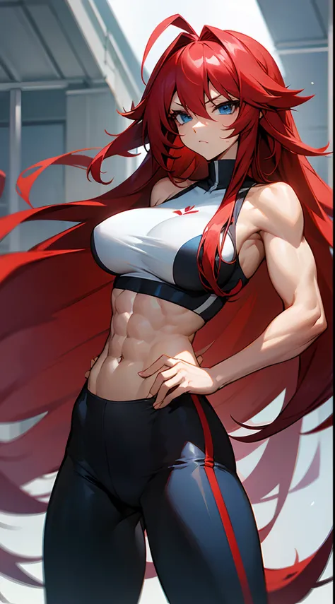 Rias Gremory, six-pack abs, arm muscles,Long hair, sport bra, red hair, ahoge, blue eyes, large breasts, extra very long hair,big breastes, sports leggings, huge ahoge, Standing, Gym