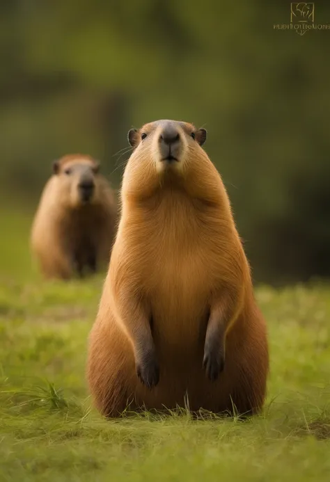 Masterpiece, Meticulous, Capybaras in South America, Young, Brown animals, frontage, Sit, large grassland,