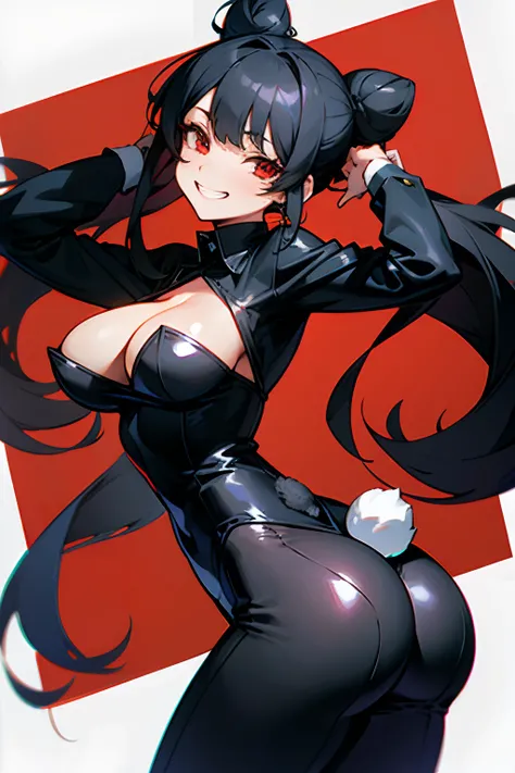 redraw, 1girl, grin, long black hair, side buns, crazy, bunny suit, red eyes, big breasts, ass