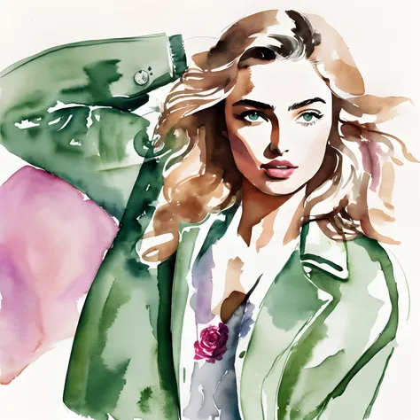 David Downton fashion illustration, watercolor drawing, thin blonde hair 1woman, Andreea Diaconu, cute face, green eyes, rose lipstick, gentle lilac sweatshirt, gray leather jacket, orange autumn leaves