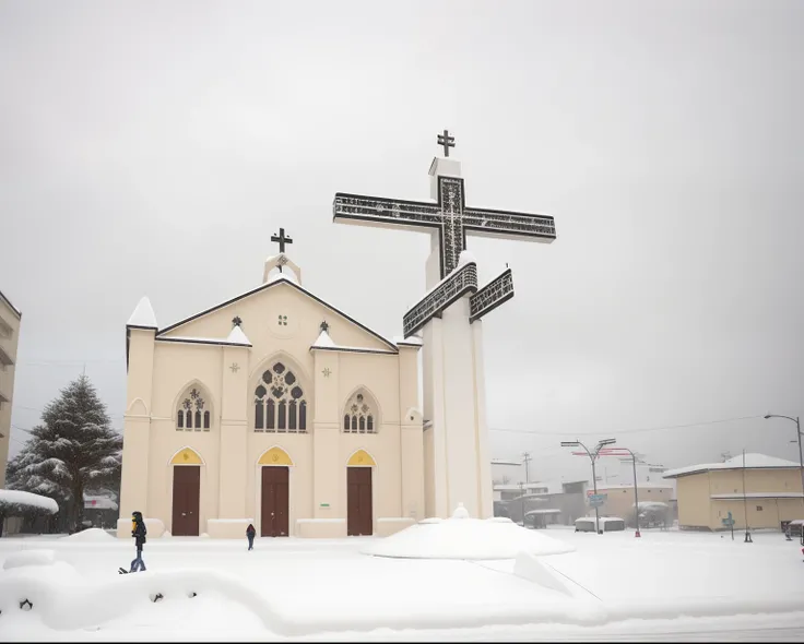 igreja e cruz no centro da cidade, inverno rigoroso, neve nas ruas, enfeites natalinos