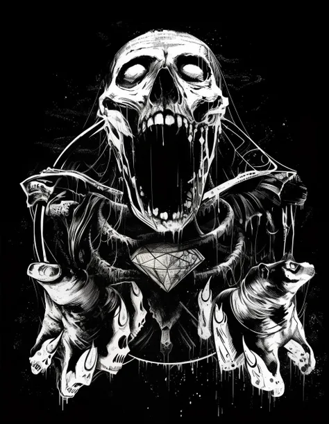 um desenho preto e branco de um esqueleto segurando uma corda, arte escura altamente detalhada, Marcos Riddick, arte de terror elegante, Arte digital escura, mas detalhada, skull design for a rock band, just art for dark metal music, design de tshirt de me...