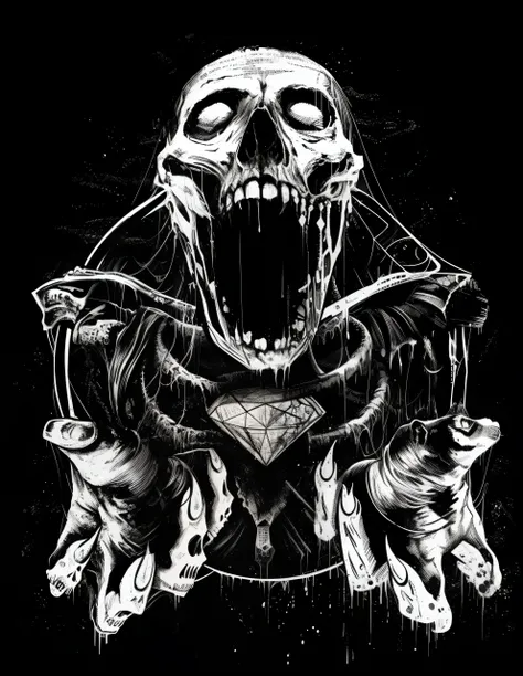 um desenho preto e branco de um esqueleto segurando uma corda, arte escura altamente detalhada, Marcos Riddick, arte de terror elegante, Arte digital escura, mas detalhada, skull design for a rock band, just art for dark metal music, design de tshirt de me...