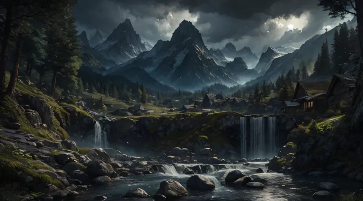 Lord of the rings landscape with a dense and whimsical forest intersected by a winding, rushing river with high mountains in the background forming an immense valley that stretches to the horizon, waterfalls, gray clouds, rocks, ancient ruins of statues an...