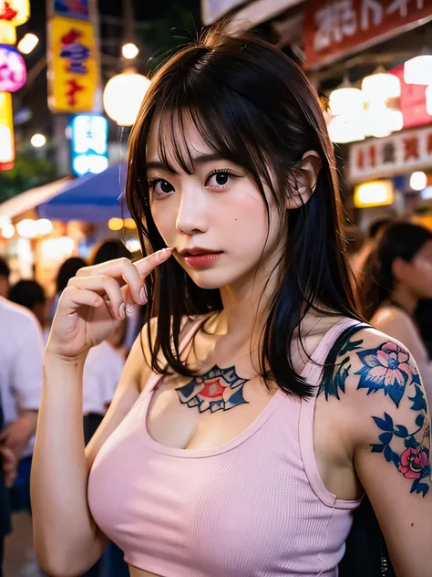 Top quality, one beautiful woman, hands on mouth, many Japanese tattoos, tank top, medium breast, upper body, 35mm lens, f/1, night market, Taiwan