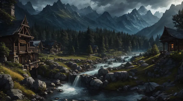 Lord of the rings landscape with a dense and whimsical forest intersected by a winding, rushing river with high mountains in the background forming an immense valley that stretches to the horizon, waterfalls, gray clouds, rocks, ancient ruins of statues an...