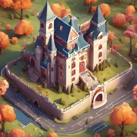 Small castle, Cartoon design style, pop mart, Soft lighting, Smooth lines, tilt shift lens, Detailed science fiction illustration, Hyper-realistic details, warm color，