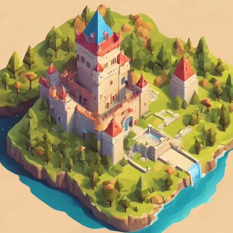 Small castle, Cartoon design style, pop mart, Soft lighting, Smooth lines, tilt shift lens, Detailed science fiction illustration, Hyper-realistic details, warm color，