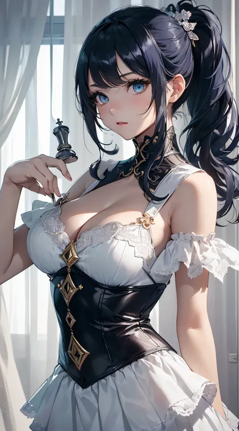 top-quality、Top image quality、​masterpiece、girl with((cute little、18year old、Best Bust、Medium bust、Bust 85,Beautiful blue eyes、Breasts wide open,Ponytail with black hair、A slender、Blue hair mesh、Beautiful white dress、White short skirt、Playing chess)）hiqual...