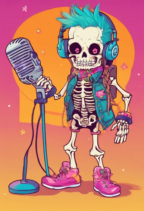 1 male skeleton with microphone and dreadlocks