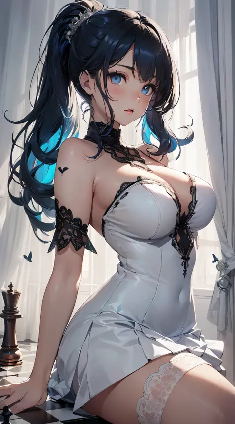 top-quality、Top image quality、​masterpiece、girl with((cute little、18year old、Best Bust、Medium bust、Bust 85,Beautiful blue eyes、Breasts wide open,Ponytail with black hair、A slender、Blue hair mesh、Beautiful white dress、White short skirt、Playing chess)）hiqual...