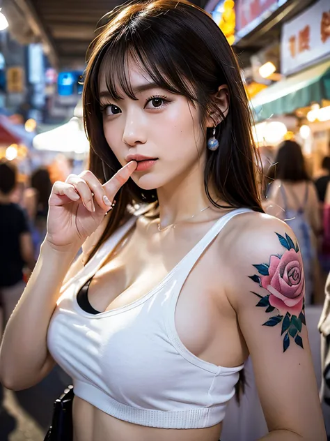 Top quality, one beautiful woman, finger in mouth, many Japanese tattoos, tank top, medium breast, upper body, 35mm lens, f/1, night market, Taiwan