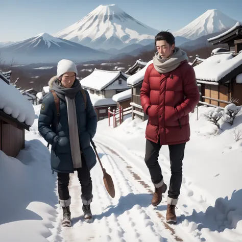 Bel homme brun regardant la neige tomber dans la montagne au Japon