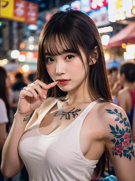 Top quality, one beautiful woman, finger in mouth, many Japanese tattoos, tank top, medium breast, upper body, 35mm lens, f/1, night market, Taiwan