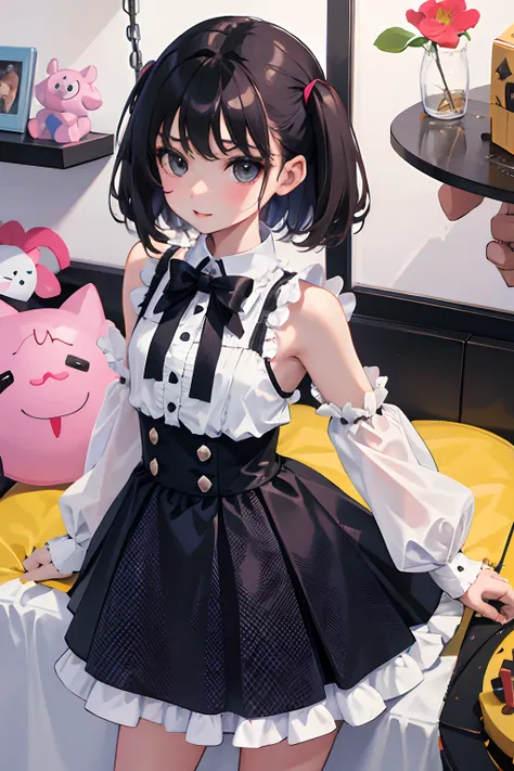 (child)，（​masterpiece，Highest Quality），Sleeveless Goth Spank，(gingham checked skirt)，A dark-haired，World of toys