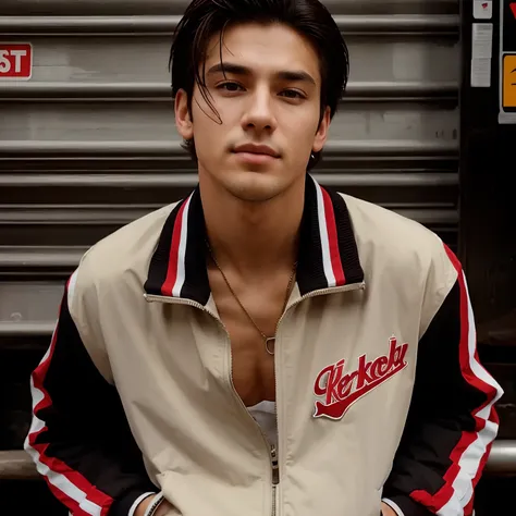 Handsome boy leaning against wall wearing jacket with hands in pocket