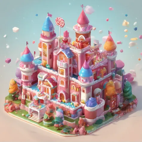 Candy Castle，Small castle，There are chocolates，Cupcakes，Cookie，Candy as a garnish, Clay material, Cartoon design style, pop mart, Soft lighting, Smooth lines, tilt shift lens, Detailed science fiction illustration, Hyper-realistic details, warm color，