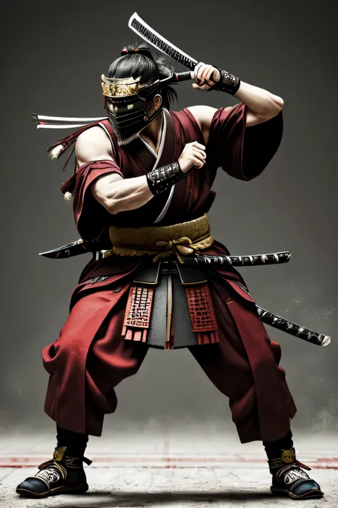 A masterful artistic interpretation of a samurai warrior in a combat stance, utilizing ultra - realistic, hyper - detailed techniques with a grungy, moody aesthetic. The color scheme should incorporate a dark green and red vibe, paying homage to the tradit...