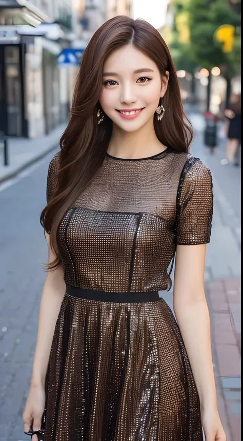 ((Best quality, 8k, Masterpiece :1.3)), 1girl, smiling, full body, slim face, Pretty woman, (Dark brown hair), full length dress :1.1, Ultra-detailed face, Detailed eyes, Double eyelid, blur background, slim face, city, outside, street,