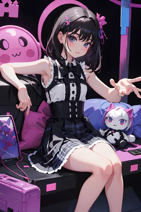 (child)，（​masterpiece，Highest Quality），Sleeveless goth pank，(gingham checked skirt)，A dark-haired，World of toys