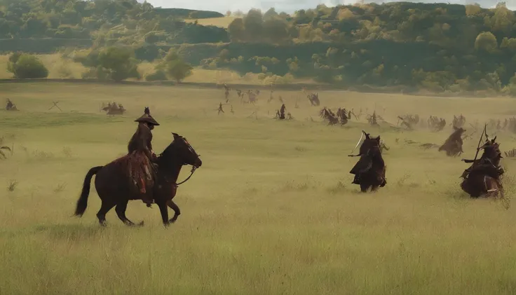 A close-up of a medieval war scene，The fighting was fierce，spectacular，The medieval crusaders fought a lot of terrifying battles(Minotaur team：1.3)，(Overwhelming Ottoman enemies)，On the plain，eventide，Medieval landscape Spain，Fantastical，4K，best qualtiy，pr...