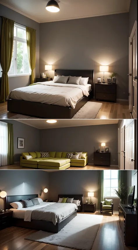 verdant、amarelo、Dark gray、sofas、Room、Night outside、Fashionable、Cool room