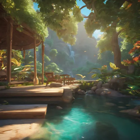 Masterpiece, best quality, (very detailed CG unity 8k wallpaper) (best quality), (best illustration), (best shadows) Vibrant colors, jungle, water, natural beauty, peaceful oasis , cherry tree, blue sky ray tracing, super detailed --v6